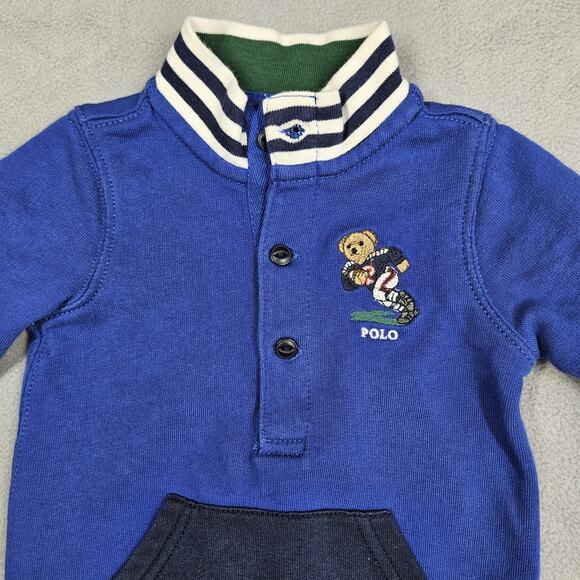 Ralph Lauren Boys 3 Months Blue Football Bear Rugby Polo One Piece Romper Snaps - Picture 2 of 10